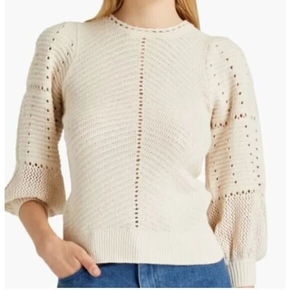 Knox Rose Sweater Womens XL Beige Pointelle Pullover Puff Sleeve Cottagecore - Picture 1 of 9